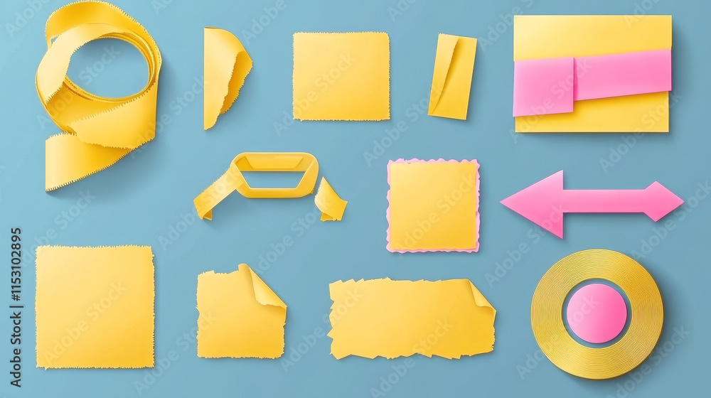 Poster template a tape with wrinkles. set of yellow scotch for collage. square and round stickers with glue