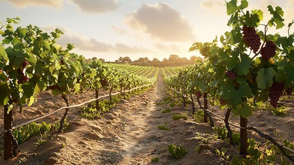 Naklejka premium Sunlit Vineyard Rows Grapes Agriculture Sunset
