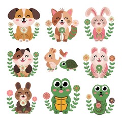 Obraz premium Set of ten joyful pets with floral accents, colorful vector style, medium eyes, white background.