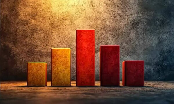 Colorful bar chart blocks in ascending order on a wooden table, representing growth and success in business and data analysis.