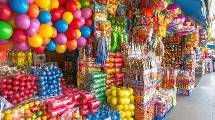 A fun shop banner showcasing carnival supplies, balloons, and colorful decorations on a white background.