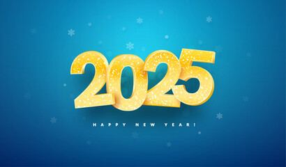 2025 Happy New Year celebration vector illustration. Golden isolated Christmas glitter numbers on blue background