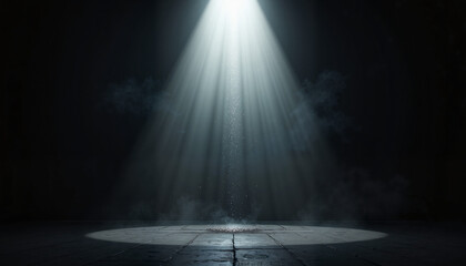 Beam of light illuminating dark room with visible particles, high contrast