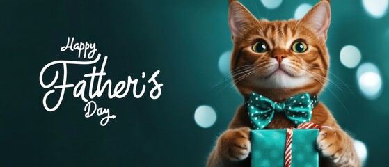 Happy Fathers Day: Adorable Cat in Bow Tie Holds Gift