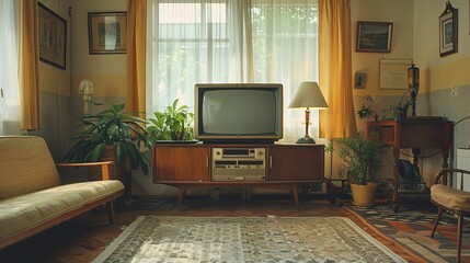 Retro Living Room with Vintage Television and Mid-Century Modern Furniture