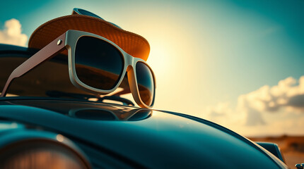 Extreme macro close-up of a funny car with vacation gear, sunny sky, dreamlike, ethereal atmosphere.