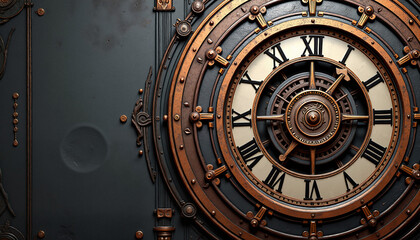 Obraz premium Steampunk clock dial with mechanical components in copper and iron tones