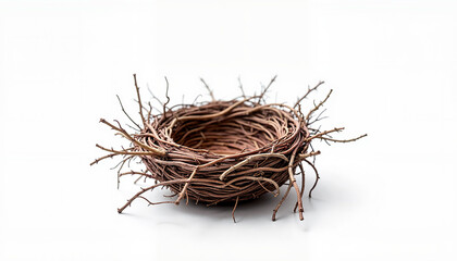 Fototapeta premium Minimalist bird nest made of twigs and dry grass on white background 