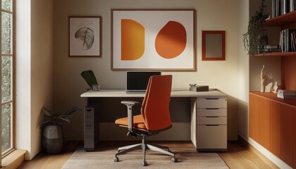 Modern Home Office Workspace Design with Orange Ergonomic Chair and Minimalist Decor