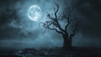 Eerie Night: A Silhouette of a Dead Tree Under a Full Moon