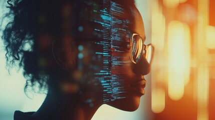 A futuristic concept of artificial intelligence and human connection represented by a profile of a young African woman with glowing digital code overlay. innovation, AI, and human-tech collaboration