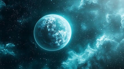 Obraz premium Ethereal Planet Photo: Glowing Celestial Body Mysteriously Floating in a Starry Nebula. AI Generated