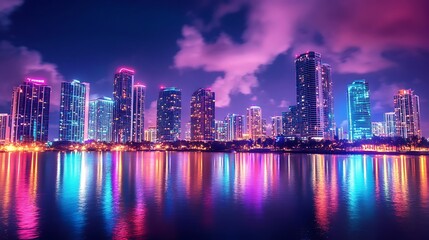 Naklejka premium Vibrant Night Cityscape: A Stunning Wide Shot Photo of Neon-Lit Skyscrapers Reflecting Beautifully on Calm Waters. AI Generated