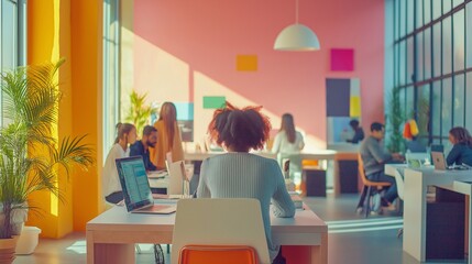 A collaborative workspace, a diverse team engaged in app development, with laptop, brainstorming people discussions creating a productive innovative atmosphere. teamwork, technology, creative project