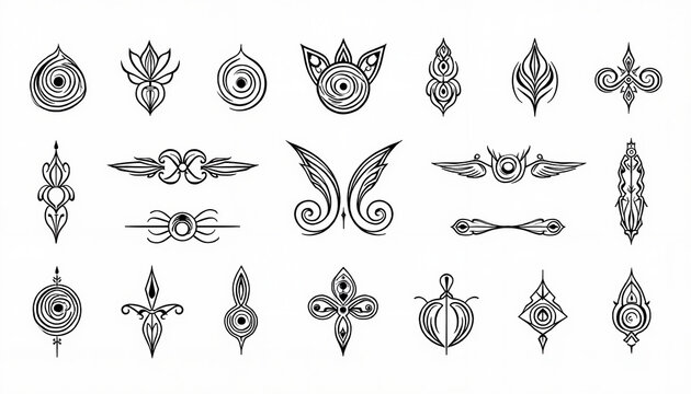 Maori tattoo designs featuring koru, manai, and symbolic elements on white background