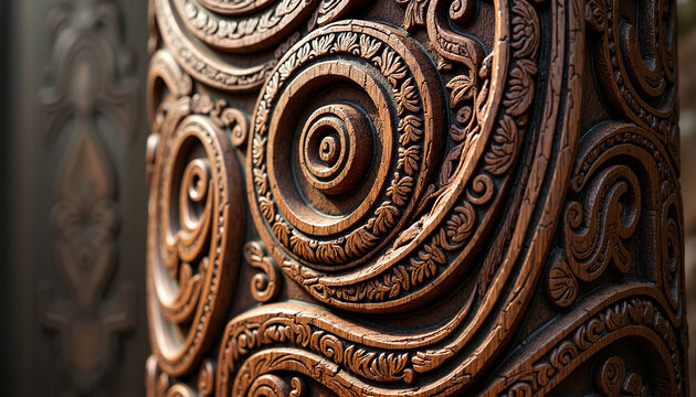 Detailed Maori carving with intricate wooden patterns and koru motifs