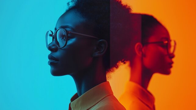A young African woman shown in dual-tone colors, diversity, individuality, future technological perspectives. identity, innovation, creative technology. innovation, AI, and human-tech collaboration