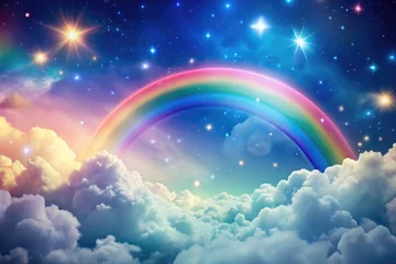 Wanddecoratie Regenboog Minimalist colorful wallpaper featuring abstract rainbow clouds and subtle star accents.  © ChannelPIC