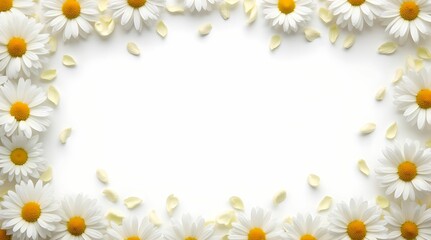 Fototapeta premium Banner of daisy petals and flowers on white background