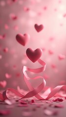 Obraz premium Romantic scene with floating pink hearts and ribbon conveying love and affection against a dreamy blurred backdrop