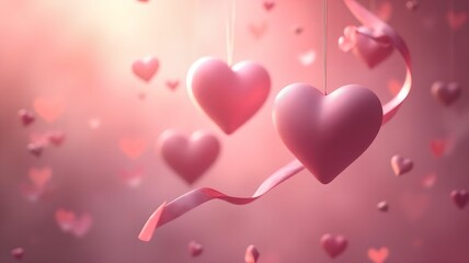 Romantic scene with floating pink hearts and ribbon conveying love and affection against a dreamy blurred backdrop