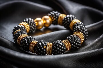 Naklejka premium Elegant Black & Gold Beaded Bracelet on Dark Fabric - Luxury Jewelry Photography