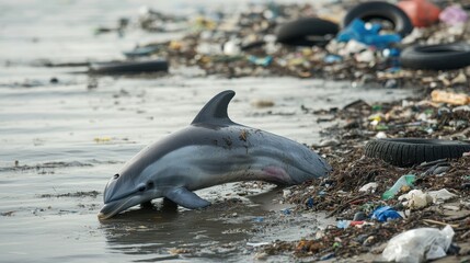 A dolphin stranded near the waterline of a beach overflowing with trash, including tires, plastic packaging, and metal scraps.