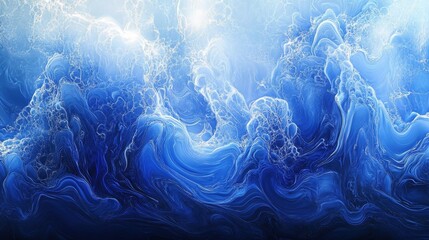 Obraz premium A dramatic view of towering blue waves, with intricate foam patterns and a glowing light filtering through the translucent water.