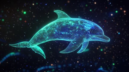 Naklejka premium A glowing 3D wireframe dolphin, designed as a sound wave pattern, illuminated with electric blue and green neon lights, floating in a dark space with tiny stars scattered in the background.