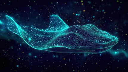 Naklejka premium A mesmerizing 3D wireframe stingray, its smooth body forming sound wave ripples, illuminated by blue and green neon lights, floating in a dark starry expanse.