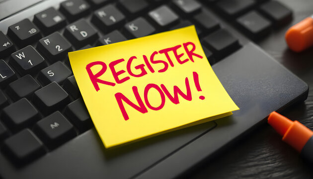 Register Now, Sticky Note on Laptop Keyboard, Sign Up Reminder, Register Now Message, Online Registration, Register Now on Computer