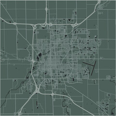 Map of Bloomington in Illinois in a smooth dark style. Contains layered vector with roads water, parks, etc.