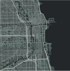 Map of Chicago Center in Illinois in a smooth dark style. Contains layered vector with roads water, parks, etc.