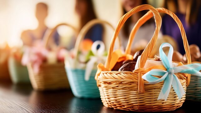A colorful display of Purim gift baskets (Mishloach Manot) adorned with ribbons and filled with treats, set on a wooden table with blurred figures in the background