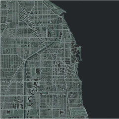 Map of Evanston in Illinois in a smooth dark style. Contains layered vector with roads water, parks, etc.