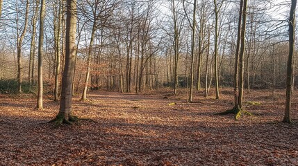 Sunlit Path Through Leaf Covered Winter Woodland