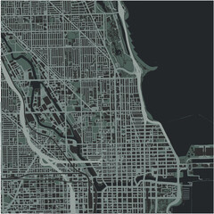Map of Near North Side in Illinois in a smooth dark style. Contains layered vector with roads water, parks, etc.