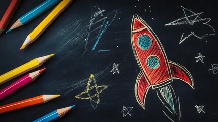 A colorful chalkboard drawing of a rocket, UFO, and stars, symbolizing time and space concepts with a cartoon-style design