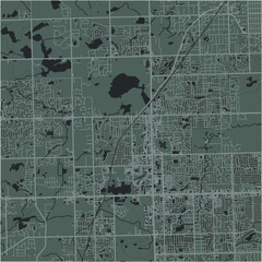 Map of Orland Park in Illinois in a smooth dark style. Contains layered vector with roads water, parks, etc.
