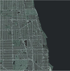 Map of Rogers Park in Illinois in a smooth dark style. Contains layered vector with roads water, parks, etc.