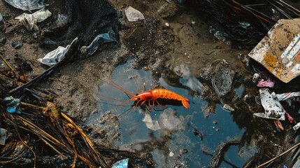 A shrimp crawling through a puddle of polluted water on a trash-laden beach, with plastic straws and old nets strewn around.