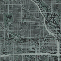 Map of West Town in Illinois in a smooth dark style. Contains layered vector with roads water, parks, etc.