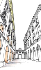 Elegant Line Drawing: Architecturally Detailed City Alleyway Perspective. AI Generated
