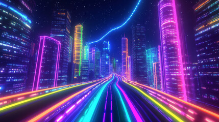 Obraz premium Night neon city with speed road motion background. Abstract skyscraper cityscape bright laser way. Power highway glow in metaverse landscape. Fast energy trail view on speedway urban illustration