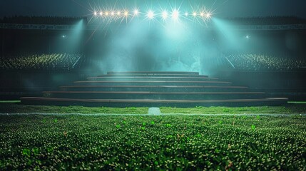 Stadium Stage with tiered platform, illuminated by spotlights, before a seated audience.
