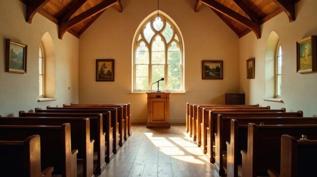 Serene sanctuary with wooden pews, sunlight streaming through a gothic arch window, and a simple lectern awaits - Powered by Adobe