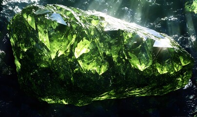 Luminous green gemstone resting on dark rock.
