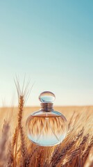 Summer Fragrance in Golden Wheat Field: A Luxurious Perfume Bottle Amidst Ripe Grain under a Clear Blue Sky