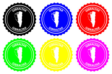 Gibraltar - rubber stamp - vector, Gibraltar map pattern - sticker - black, green, yellow, purple, blue and red