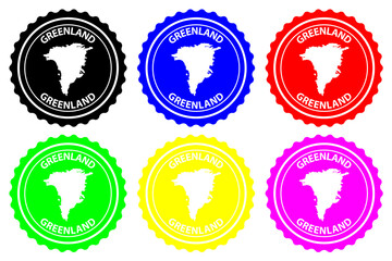Greenland - rubber stamp - vector, Greenland map pattern - sticker - black, green, yellow, purple, blue and red